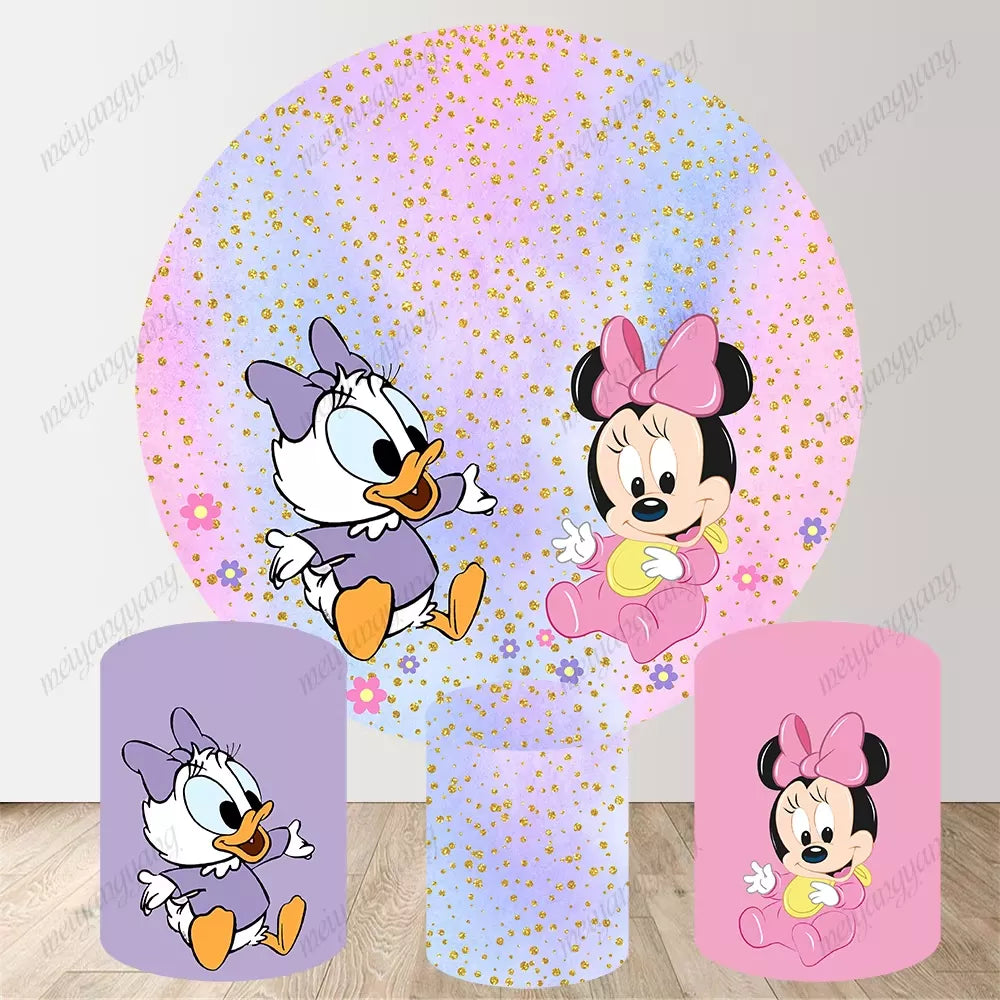Baby Minnie Daisy Round Circle Backdrop Gold Glitter Kids Birthday Baby Shower Party Decoration