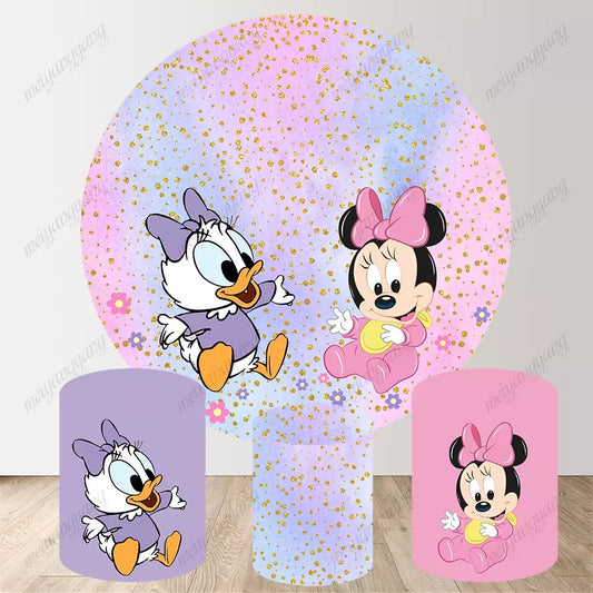Baby Minnie Daisy Round Circle Backdrop Gold Glitter Kids Birthday Baby Shower Party Decoration