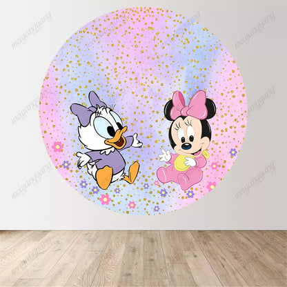 Baby Minnie Daisy Round Circle Backdrop Gold Glitter Kids Birthday Baby Shower Party Decoration