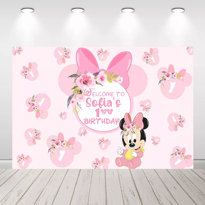 Baby Minnie Mouse 1st Birthday Backdrop Pink Floral Girl Birthday Photo Background Banner