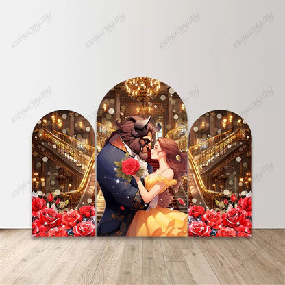 Beauty and the Beast Arch Backdrop Golden Palace Staircase Red Rose Arched Background