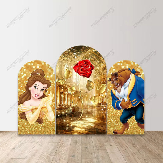 Beauty and the Beast Arch Backdrop Princess Belle Golden Glitter Enchanted Rose Arched Background