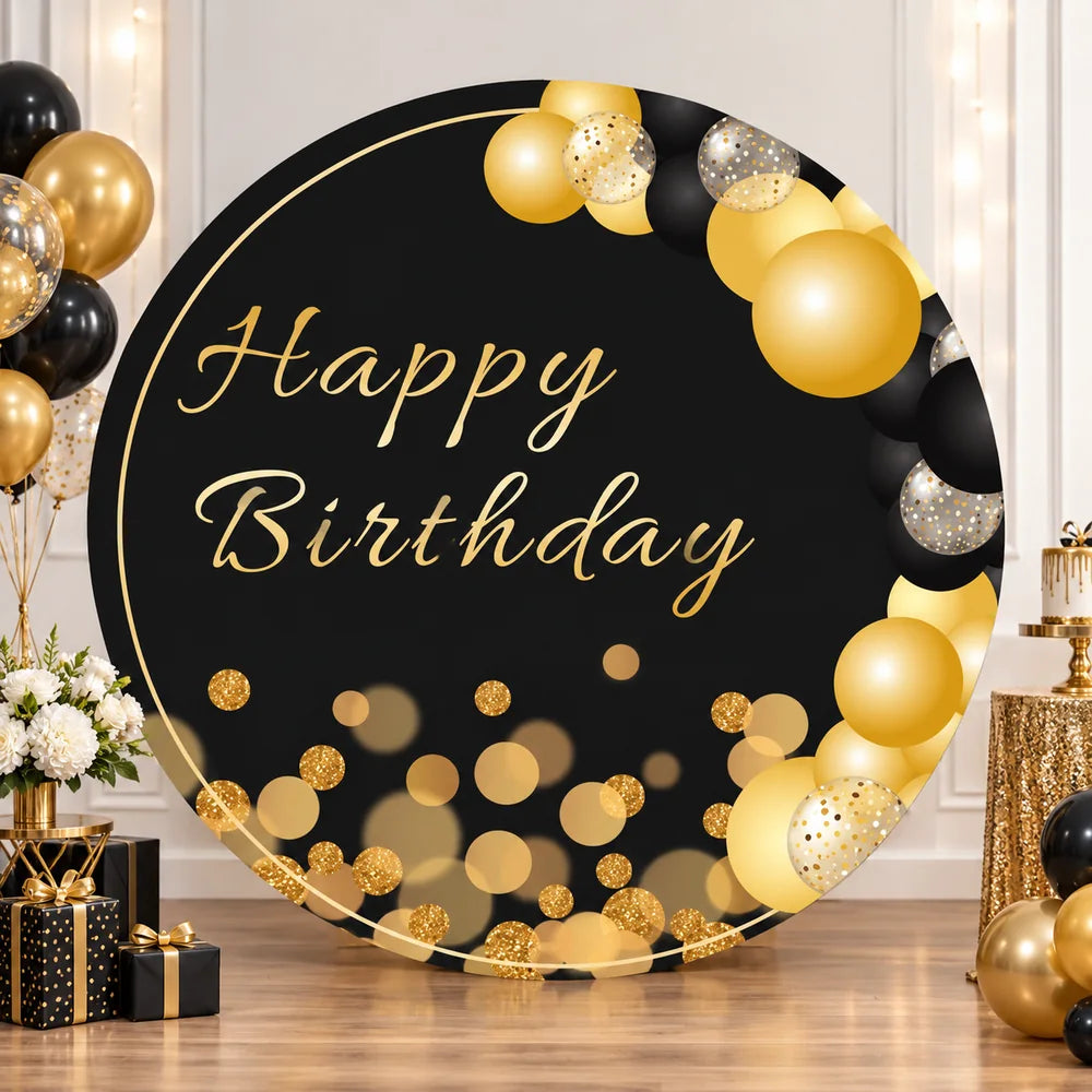 Black Gold Bokeh Balloons Birthday Party Round Backdrop for Adult