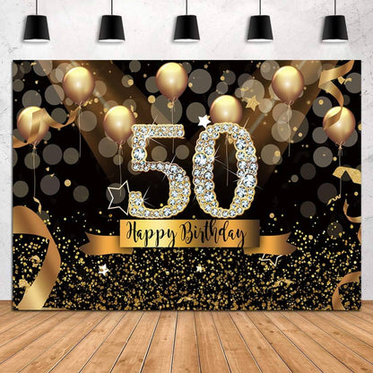 Glitter Black and Gold Balloons Background for Woman Fabulous 50 Birthday Party Decorations