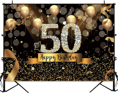 Fundo de balões pretos e dourados brilhantes para mulher fabulosa decoração de festa de aniversário de 50 anos