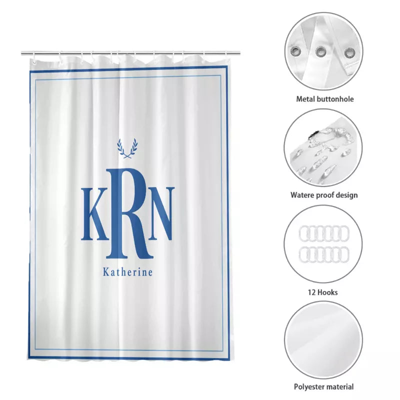 Product features of a white shower curtain with blue monogram design, highlighting metal grommets, waterproof fabric, 12 hanging hooks, and polyester material.