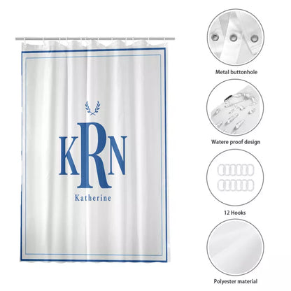 Product features of a white shower curtain with blue monogram design, highlighting metal grommets, waterproof fabric, 12 hanging hooks, and polyester material.