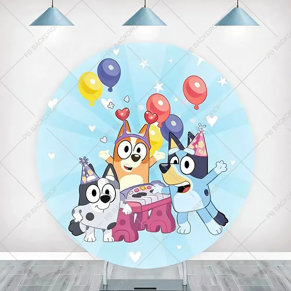 Bluey Bingo Round Backdrop Boys Happy Birthday Party Decor Cylinder Background Baby Shower Banner