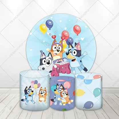 Bluey Bingo Round Backdrop Boys Happy Birthday Party Decor Cylinder Background Baby Shower Banner