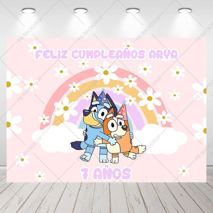 Bluey Rainbow Daisy Girls Birthday Backdrop