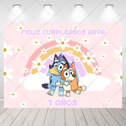 Bluey Rainbow Daisy Girls Birthday Backdrop