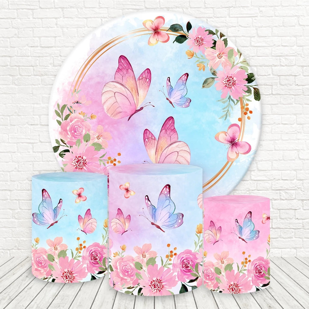 Kulaté pozadí s motýlími květinami a růžovo-modrými motivy pro miminko