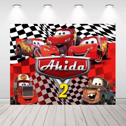 Cars Lightning McQueen Backdrop Racing Checkered Flag Birthday Party Photo Background