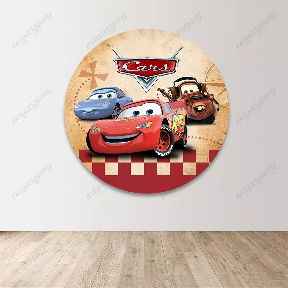 Cars Lightning McQueen Round Backdrop Route 66 Racing Themed Party Background