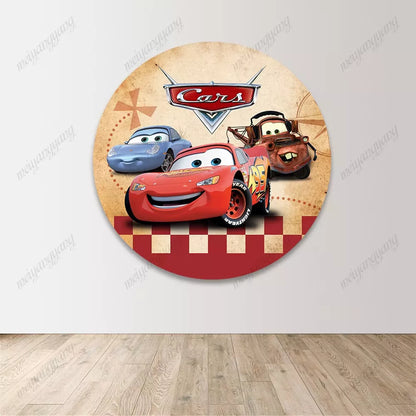 Cars Lightning McQueen Round Backdrop Route 66 Racing Themed Party Background