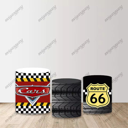 Cars Lightning McQueen Round Backdrop Route 66 Racing Themed Party Background