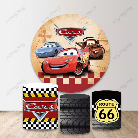 Cars Lightning McQueen Round Backdrop Route 66 Racing Themed Party Background