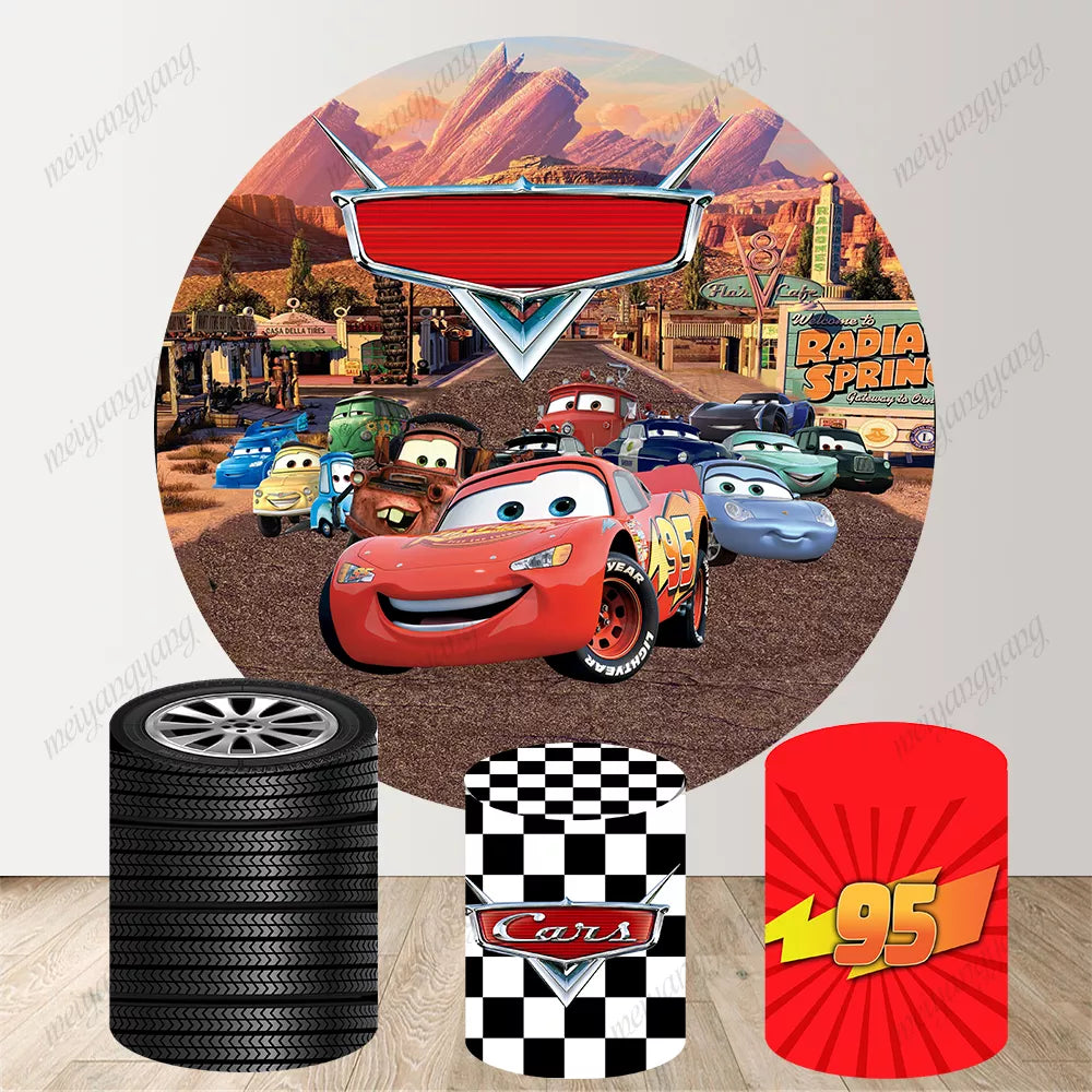 Cars Radiator Springs Round Backdrop Lightning McQueen Racing Theme Party Background