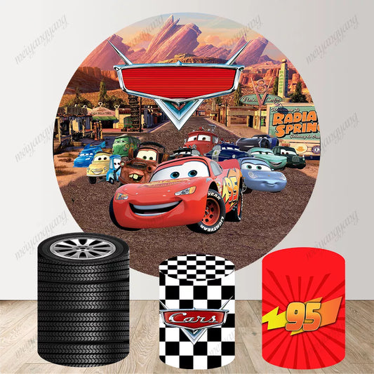 Cars Radiator Springs Round Backdrop Lightning McQueen Racing Theme Party Background