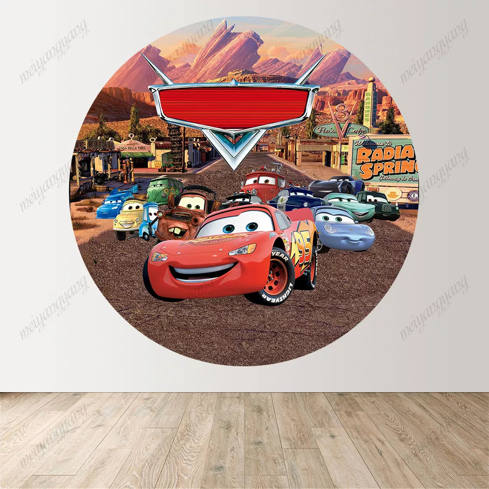 Cars Radiator Springs Round Backdrop Lightning McQueen Racing Theme Party Background