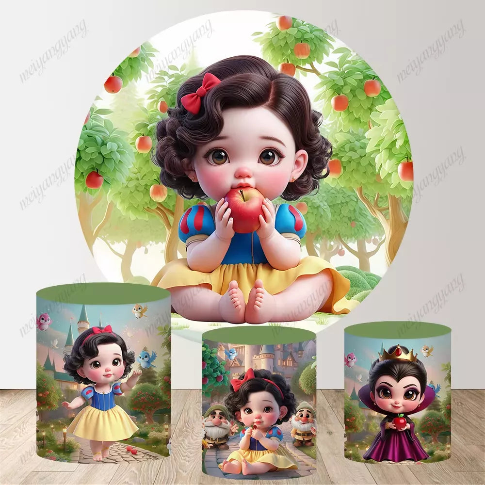 Cartoon Baby Snow White Princess Round Backdrop Girls Baby Shower 1st Birthday Party Decoration