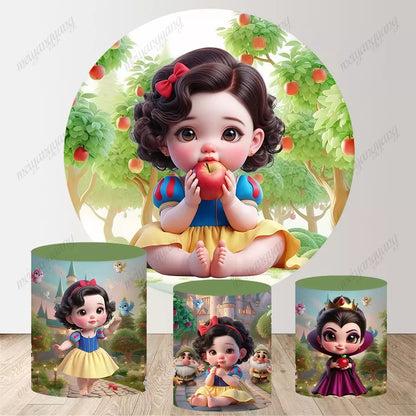 Cartoon Baby Snow White Princess Round Backdrop Girls Baby Shower 1st Birthday Party Decoration