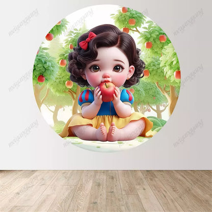 Cartoon Baby Snow White Princess Round Backdrop Girls Baby Shower 1st Birthday Party Decoration