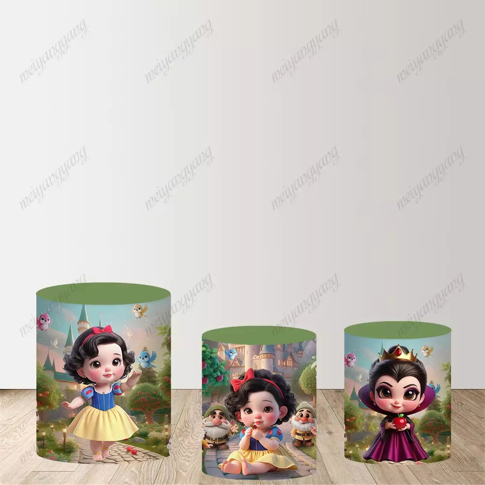 Cartoon Baby Snow White Princess Round Backdrop Girls Baby Shower 1st Birthday Party Decoration