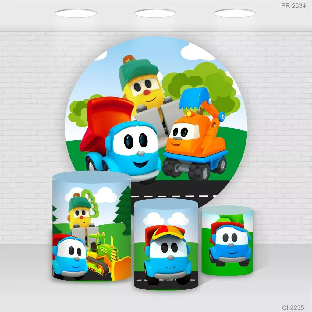 Cartoon Construction Truck Boys Birthday Backdrop