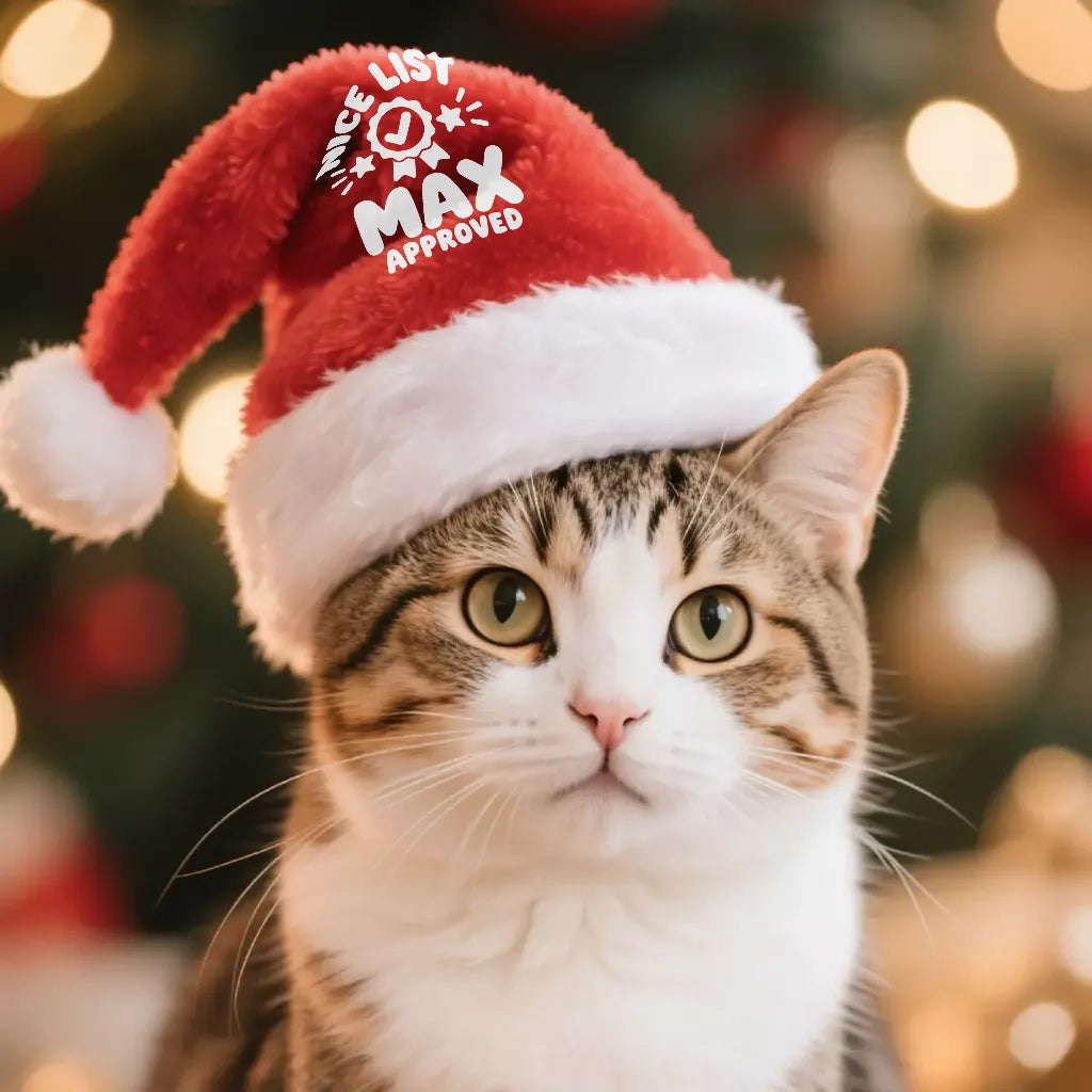 Tabby cat wearing a red personalized Santa hat featuring a Nice List Approved Christmas design.