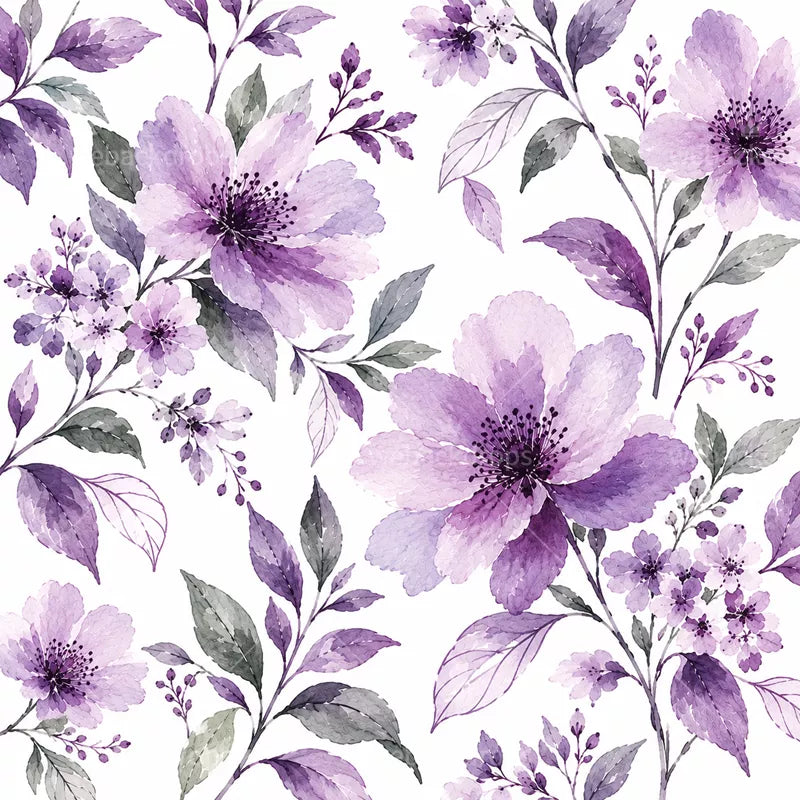 Lavender Purple Watercolor Floral Shower Curtain with Metal Roller Ball Hooks, 72 x 72 Inch