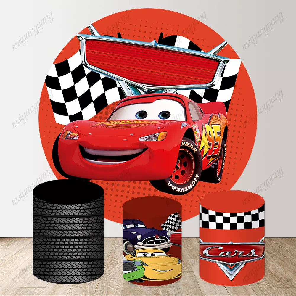 Checkered Flag Racing Theme Party Background Cars Lightning McQueen Round Backdrop