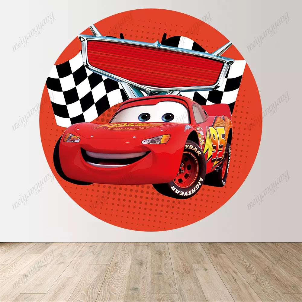 Checkered Flag Racing Theme Party Background Cars Lightning McQueen Round Backdrop