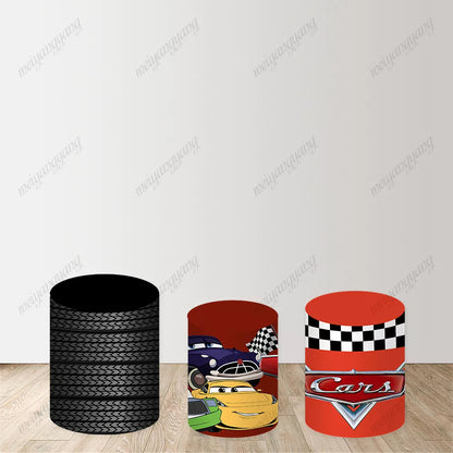 Checkered Flag Racing Theme Party Background Cars Lightning McQueen Round Backdrop