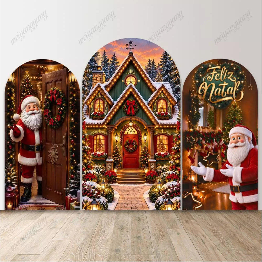 Christmas Santa Claus Arch Backdrop Snowy Cabin House Feliz Natal Xmas Winter Holiday Party Photo Booth Background