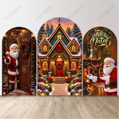 Christmas Santa Claus Arch Backdrop Snowy Cabin House Feliz Natal Xmas Winter Holiday Party Photo Booth Background