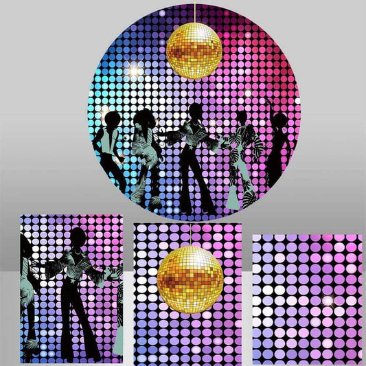 A 70s themed event backdrop featuring a disco ball and colorful polka dot pattern with silhouettes of dancers, ideal for creating a retro party atmosphere.