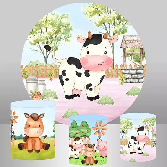 Cow Round Backdrop Farm Animal Party Decorations Background