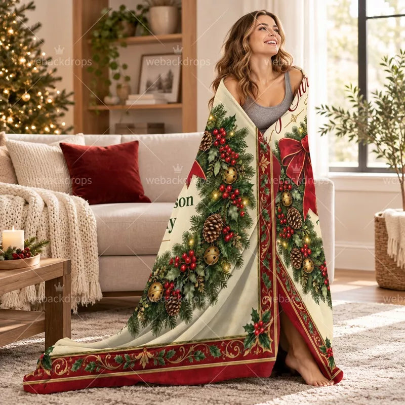 Woman wrapped in a personalized Christmas throw blanket with evergreen wreath artwork in a cozy holiday living room.