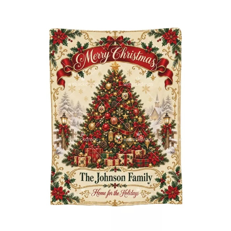 Custom family name holiday blanket featuring a vintage Christmas tree, red bows, poinsettias and snowy village scenery.