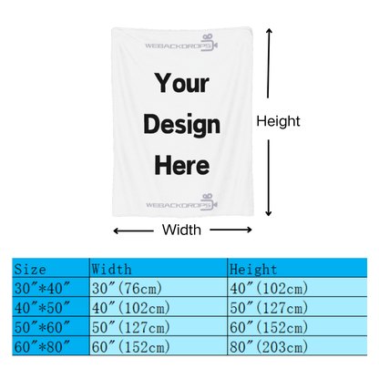 Custom flannel blanket size guide showing 40x30, 50x40, 60x50 and 80x60 inch options