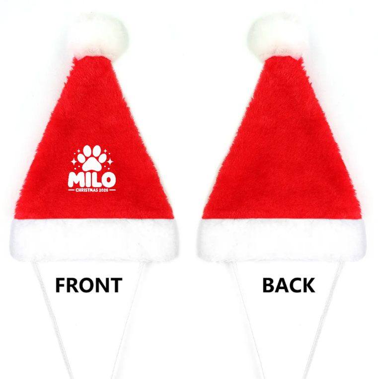 Front and back views of a red plush pet Christmas hat with a white fluffy brim and personalized paw print name design.
