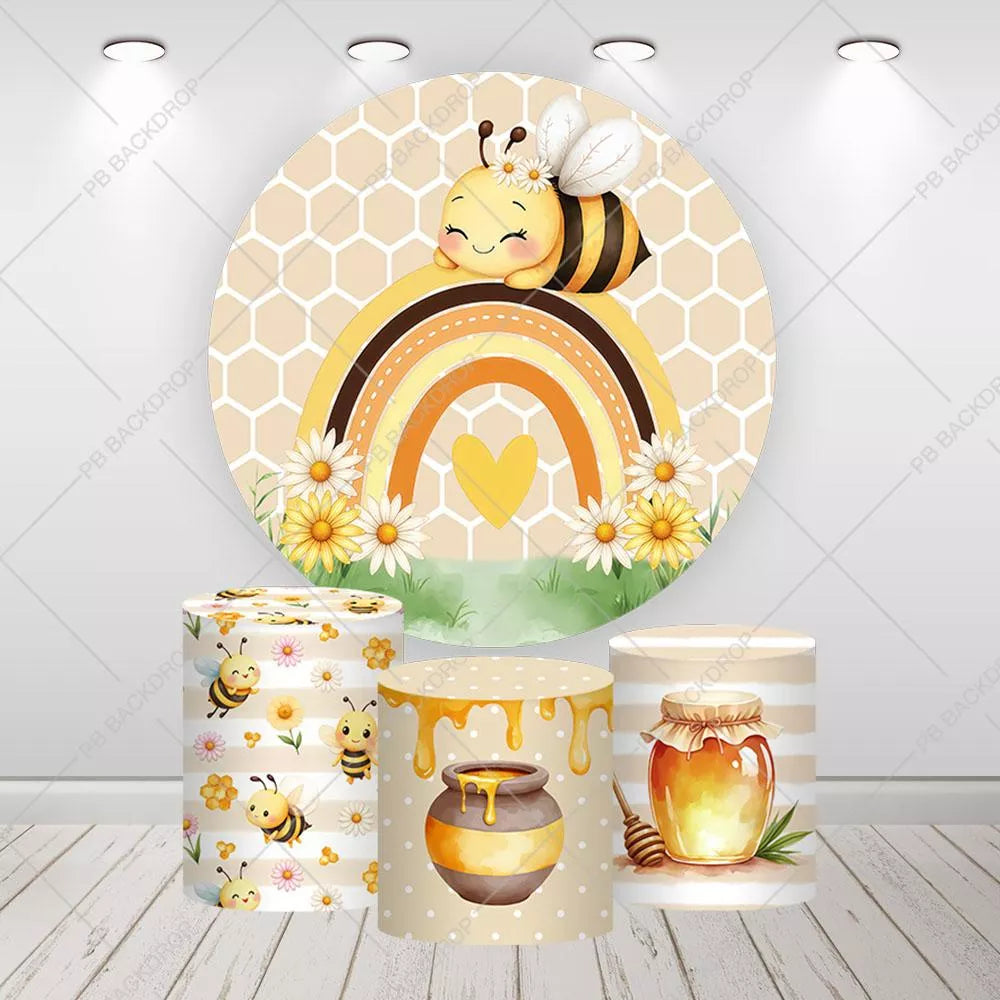 Cute Bumblebee Rainbow Party Round Backdrop