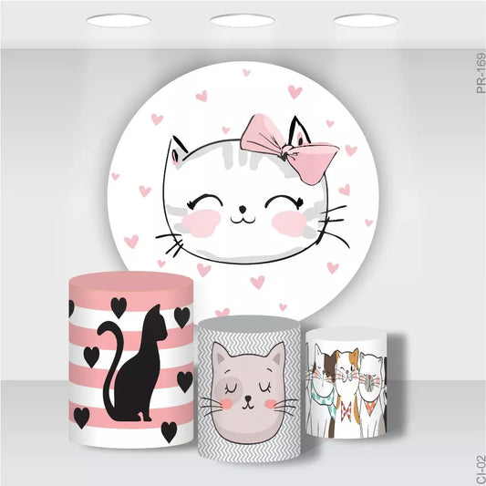 Cute Cat Birthday Party Round Backdrop