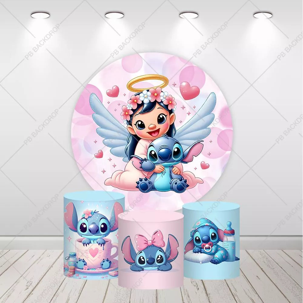 Cute Lilo & Stitch Angel Halo Wings Round Background