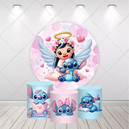 Cute Lilo & Stitch Angel Halo Wings Round Background