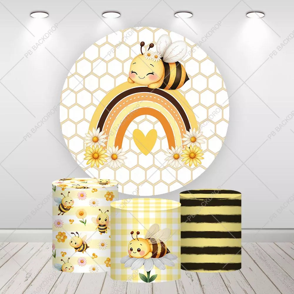 Cute Plaid Gingham Bumblebee Party Round Backdrop