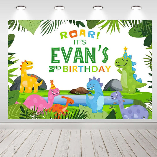 Fondo de fotografía de fondos de fiesta de cumpleaños de niños de dinosaurios de dibujos animados