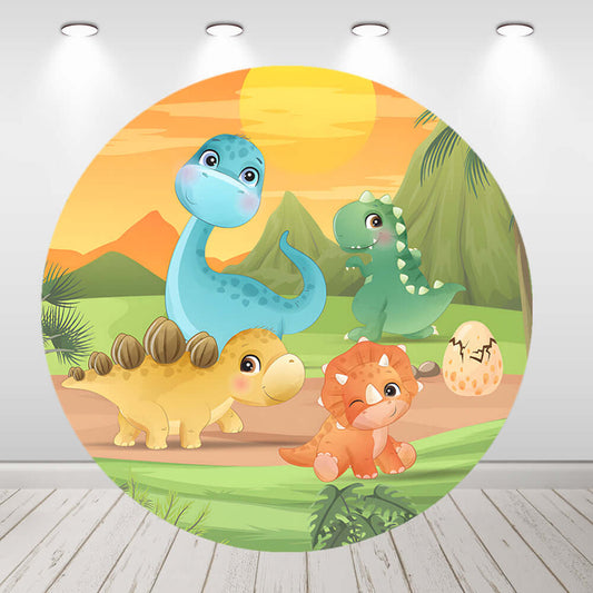 Cenário redondo de dinossauro de desenho animado para chá de bebê, festa de aniversário infantil