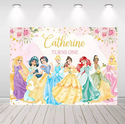 Disney Princess Pink Floral Gold Glitter Girls 1st Birthday Backdrop